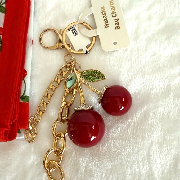 Natasha Couture Cherry Print Scarf and Bag Charm Set - Red and Gold - Picture 2 of 3